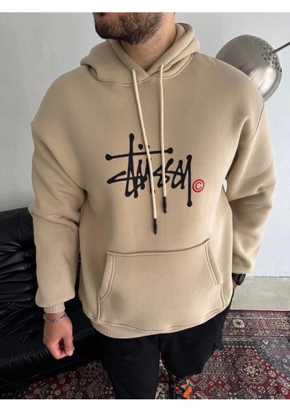 Üç Iplik Kapşonlu Baskılı Sweatshirt - Bej