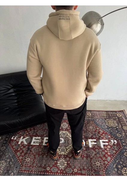 Üç Iplik Kapşonlu Baskılı Sweatshirt - Bej