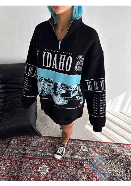 Kadın Yarım Fermuarlı Oversize Baskılı Sweatshirt - Siyah