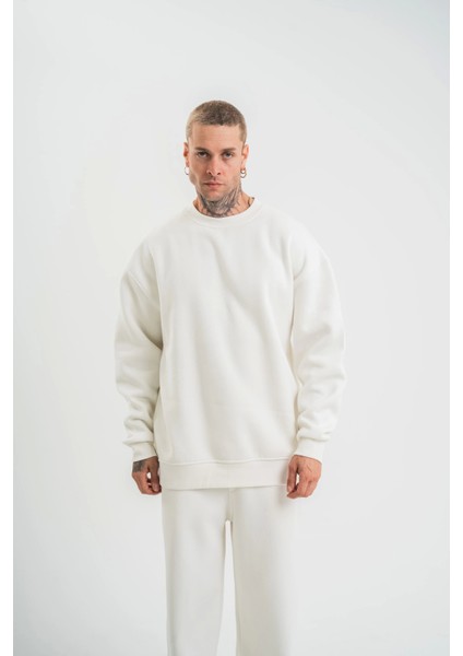 Uzun Kol Bisiklet Yaka Basic Sweatshirt - Beyaz