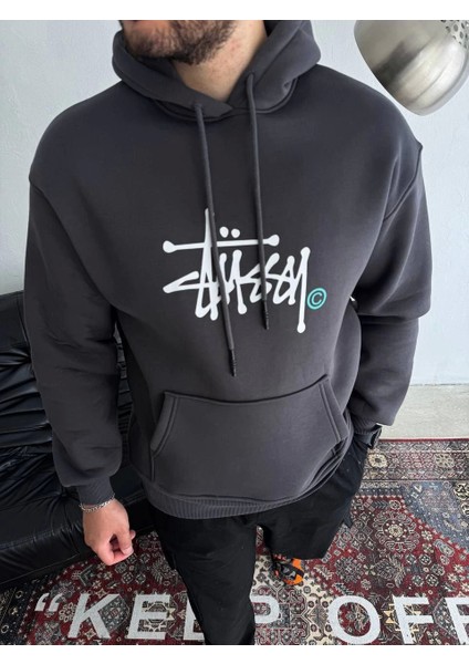 Üç Iplik Kapşonlu Baskılı Sweatshirt - Füme