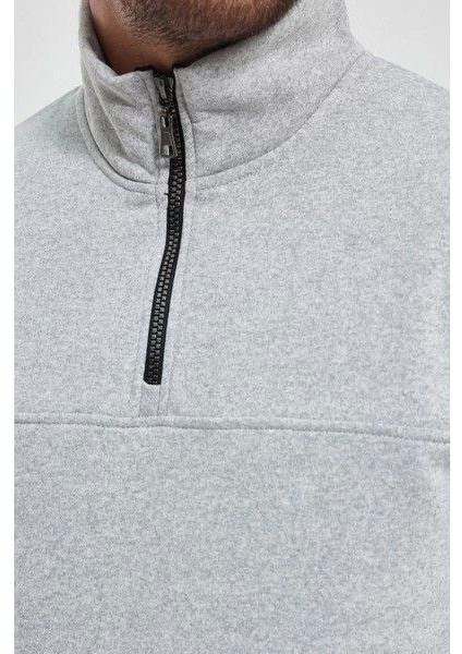 Oversize Yarım Farmuarlı Yakalı Basic Sweatshirt - Gri