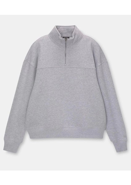 Oversize Yarım Farmuarlı Yakalı Basic Sweatshirt - Gri