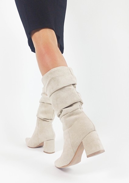 Bej Renk Kalın Topuk Körüklü Diz Altı Kadın Çizme indirimleri