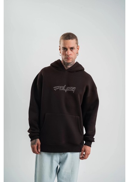 Unisex Üç Iplik Kapşonlu Nakışlı Sweatshirt - Kahve
