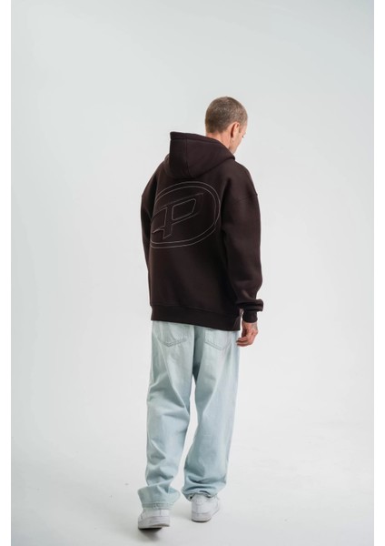 Unisex Üç Iplik Kapşonlu Nakışlı Sweatshirt - Kahve modelleri