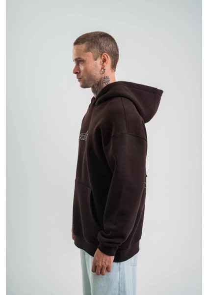 Unisex Üç Iplik Kapşonlu Nakışlı Sweatshirt - Kahve fırsatları