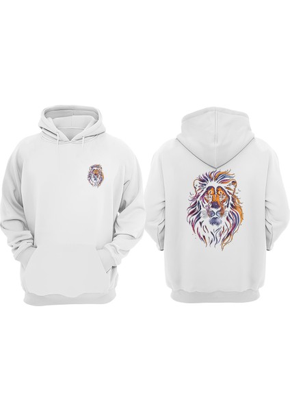 Unisex Aslan Kral Tasarım Ön Arka Baskılı Normal Kalıp Beyaz Sweatshirt