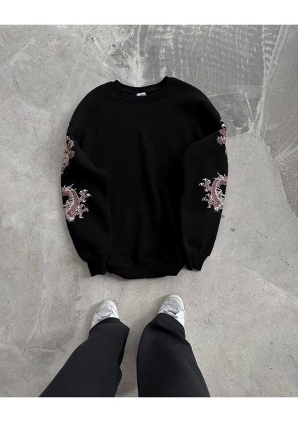 Kadın Bisiklet Yaka Baskılı Sweatshirt - Siyah