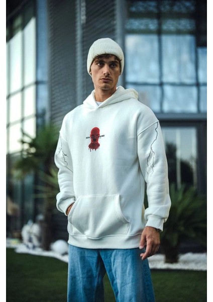 Üç Iplik Kapşonlu Baskılı Oversize Sweatshirt- Beyaz