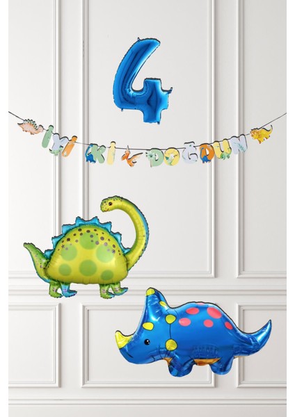 Dinazor Tema Doğum Günü Balon Süsleme Seti Bannerlı Mavi Yaş Balonlu Dinozor Balon Paketi