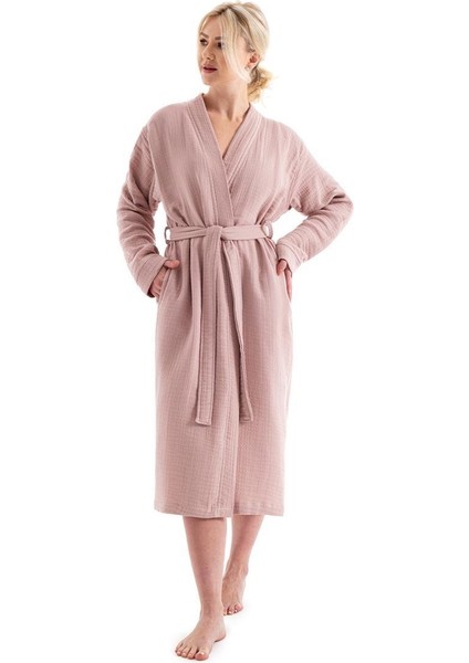 Unisex Kimono Müslin Bornoz + Havlu Seti Pudra