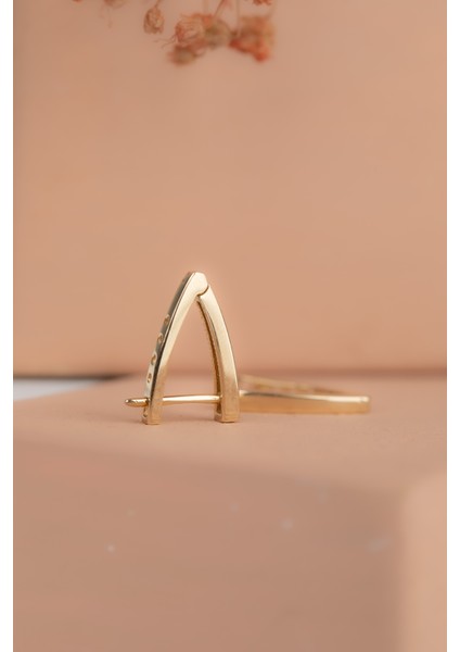 14 Ayar Altın V Hoop Sade Minimalist Küpe D018 Sarı Renk