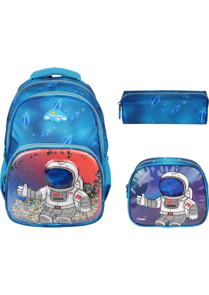 RLX-1370 Erkek Çocuk Kalemlikli Beslenme Çantalı Üçlü Set Astronot Desenli Ilk Okul Çantası Sırt Çan