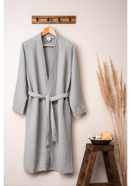 Unisex Kimono Müslin Bornoz Gri