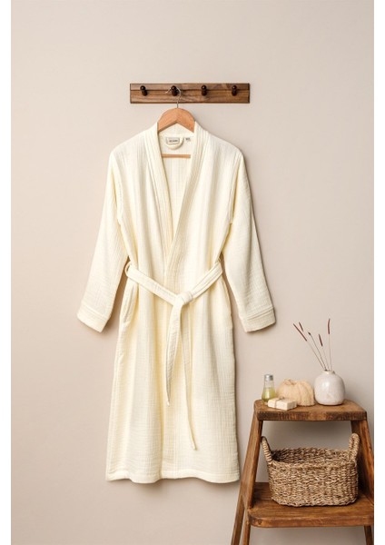 Unisex Kimono Müslin Bornoz Ekru