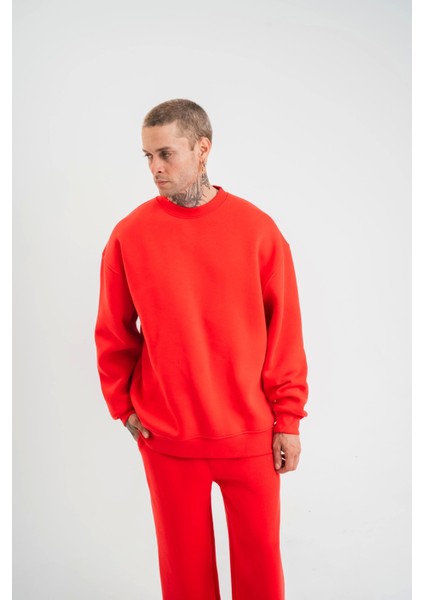 Uzun Kol Bisiklet Yaka Basic Sweatshirt - Kırmızı modelleri