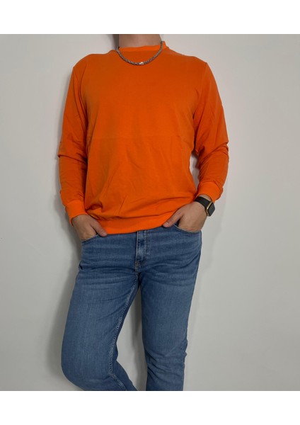 Erkek Bisiklet Yaka Sweatshirt Turuncu