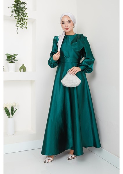 Kadın Giyim Abiye Moda Saten Fiyonklu Uzun Tesettür Abiye Elbise 2745