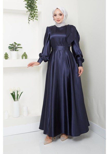 Kadın Giyim Abiye Moda Saten Fiyonklu Uzun Tesettür Abiye Elbise 2745