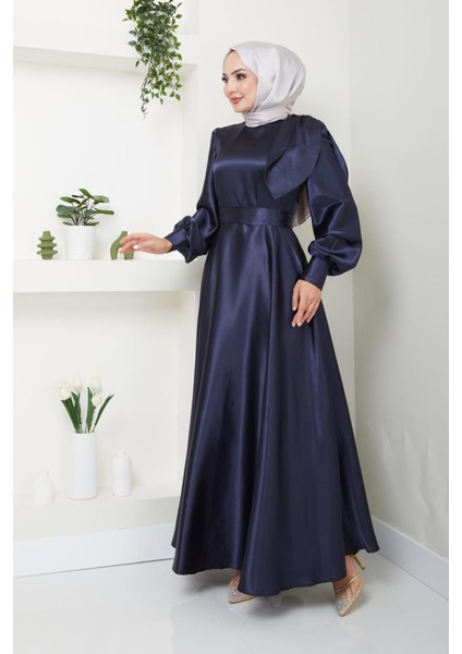 Kadın Giyim Abiye Moda Saten Fiyonklu Uzun Tesettür Abiye Elbise 2745 modelleri