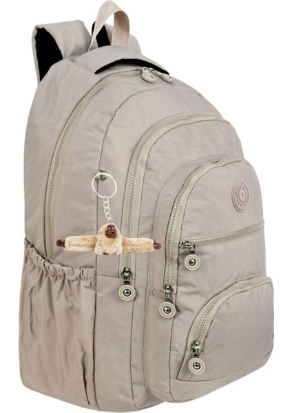 Lüx Krinkıl Kumaş Lise ve Ortaokul Sırt Çantası, Krinkıl Okul Çantası, Maymun Anahtarlık Hediyeli