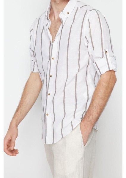 Erkek Moda Uzun Kol Dokuma Haki Slim Fit Düğmeli Yaka Apoletli Çizgili Gömlek modelleri