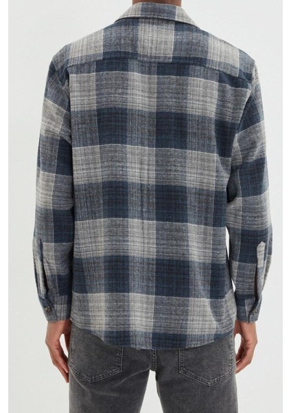 Erkek Moda Uzun Kol Dokuma Lacivert Oversize Oduncu Ekose Gömlek