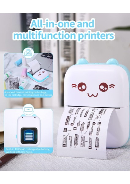 Mini Cep Yazıcı Taşınabilir Bluetooth Kablosuz Şarjlı 6 Rulo 3 Kalem Seti Hediye Mavi Yazıcı