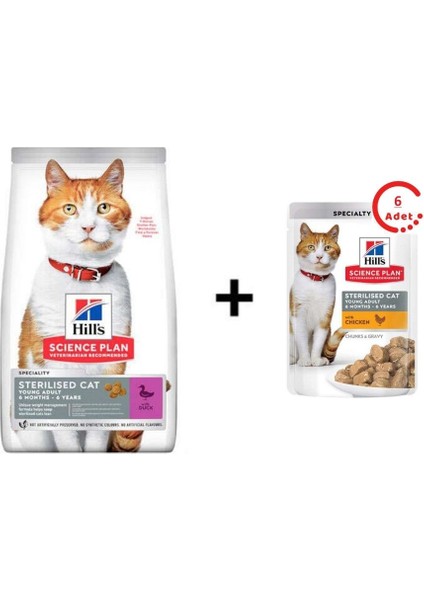 Ördekli Kısırlaştırılmış Kedi Maması 1,5kg + 6 Adet Hills Tender Chunks In Gravy Tavuklu Kısırlaştırılmış Kedi Yaş Maması 85 gr