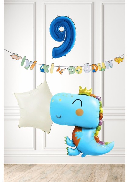 Mavi Dinazor Tema Doğum Günü Balon Süsleme Seti Bannerlı Mavi Yaş Balonlu Dinozor Balon Paketi