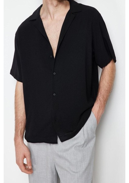 Erkek Moda Kısa Kol Dokuma Siyah Siyah Oversize Fit Yazlık Keten Görünümlü Gömlek Gömlek