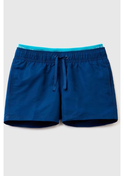 E U_beli Lastikli Düz Renk Deniz Şortu