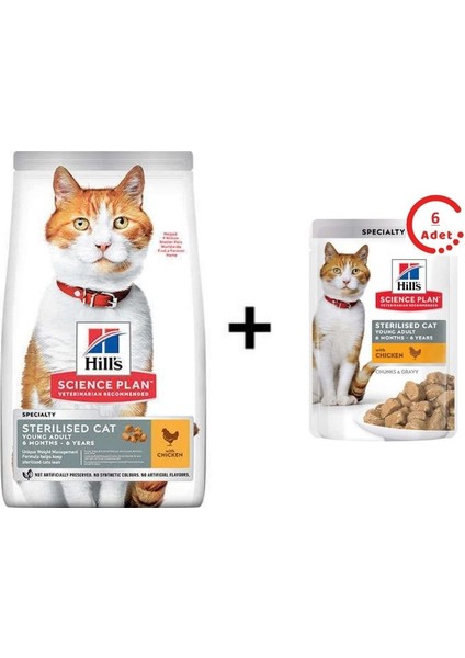 Sterilised Kısırlaştırılmış Tavuklu Kedi Maması 3 kg + 6 Adet Hills Tender Chunks In Gravy Tavuklu Kısırlaştırılmış Kedi Yaş Maması 85 gr