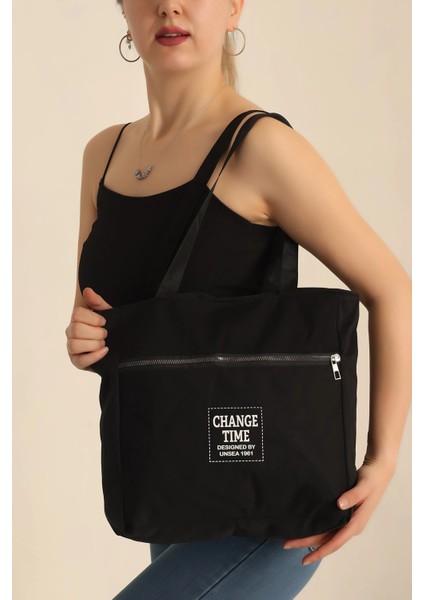 Siyah Çift Fermuarlı Kol ve Omuz Çantası