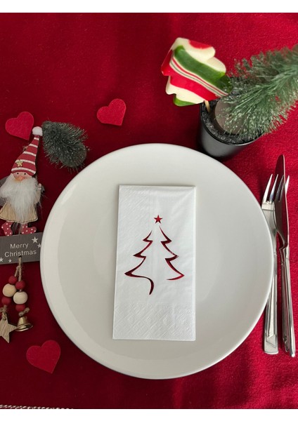 Kırmızı Yaldızlı Yılbaşı Çam Ağacı Desenli 16 Lı Beyaz Renkli Kağıt Peçete