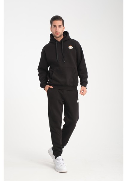 Oversize Puf Baskılı Erkek Cozyfit Şardonlu Eşofman Takımı - Siyah