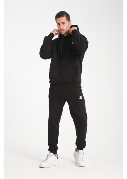 Oversize Puf Baskılı Erkek Cozyfit Şardonlu Eşofman Takımı - Siyah indirimleri