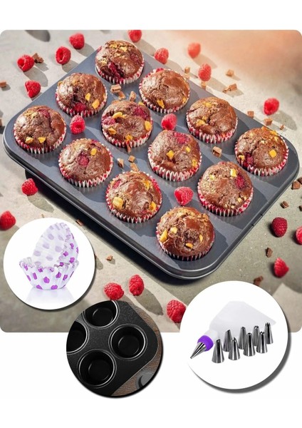 12'li Muffin Kek Kalıbı, Krema Torbası ve 100 Adet Renkli Cupcake , Browni ,muffin Kağıdı Kalıbı Set