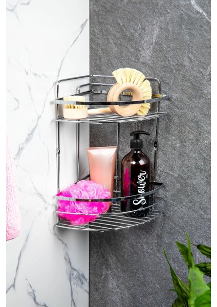 Banyo Köşe Rafı 2 Katlı Şampuanlık Duvara Monte