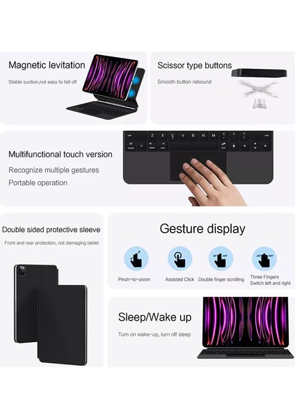 Apple iPad Pro 11 Inc 5. Nesil M4 (2024) Bluetoothlu Touchpadli Manyetik Kapaklı Magic Ingilizce Q Keyboard A2836 A2837