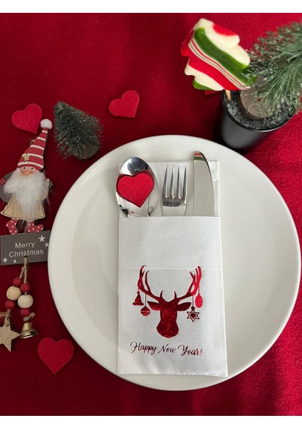 Kırmızı Beyaz Cepli Aır Touch Yılbaşı Geyik Modeli Peçete 12 Adet 40X40