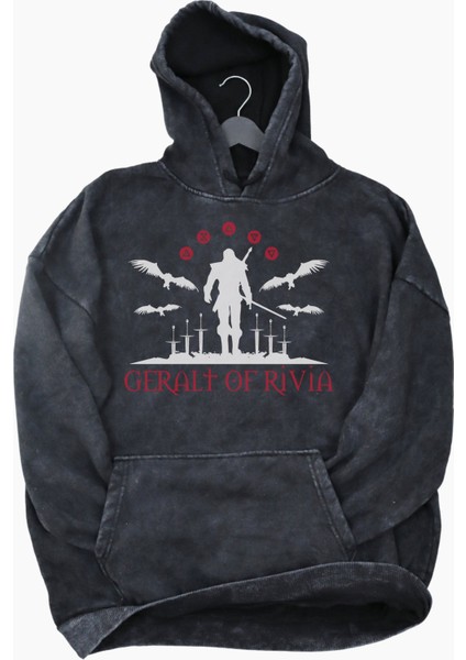 Unisex The Witcher Baskılı Kapüşonlu Yıkamalı Sweatshirt, Oversize Oyun Dizi Baskılı Retro Hoodie