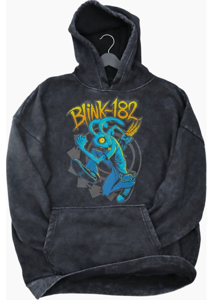 Unisex BLINK-182 Baskılı Kapüşonlu Yıkamalı Sweatshirt, Oversize Rock Metal Baskılı Retro Hoodie