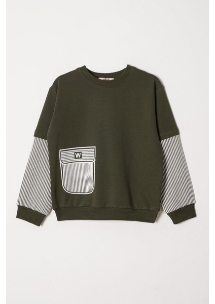 Cebi Kolları Çizgili Haki Renk Erkek Cocuk Sweat