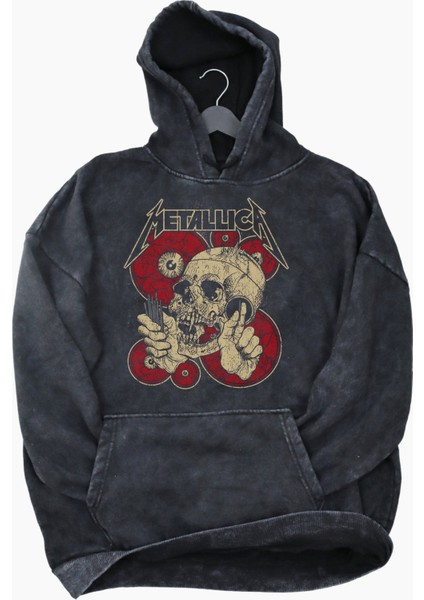 Unisex Metallica Baskılı Kapüşonlu Yıkamalı Sweatshirt, Oversize Rock Band Baskılı Retro Hoodie