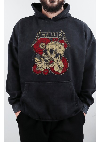 Unisex Metallica Baskılı Kapüşonlu Yıkamalı Sweatshirt, Oversize Rock Band Baskılı Retro Hoodie fiyatları