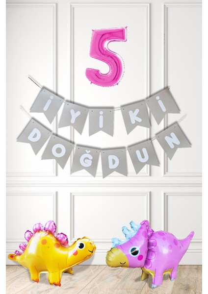 Pembe Dinazor Tema Kız Doğum Günü Balon Süsleme Seti Bannerlı Pembe Yaş Balonlu Dinozor Balon Paketi