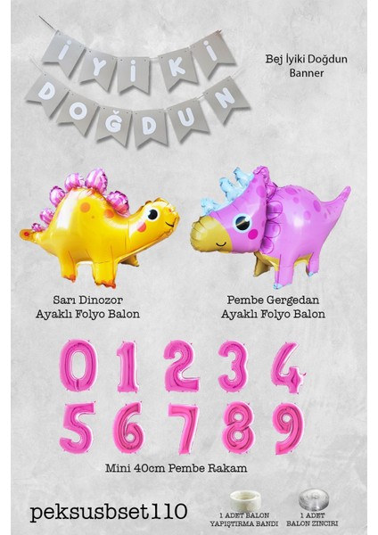 Pembe Dinazor Tema Kız Doğum Günü Balon Süsleme Seti Bannerlı Pembe Yaş Balonlu Dinozor Balon Paketi
