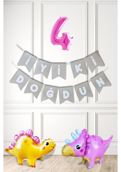 Pembe Dinazor Tema Kız Doğum Günü Balon Süsleme Seti Bannerlı Pembe Yaş Balonlu Dinozor Balon Paketi